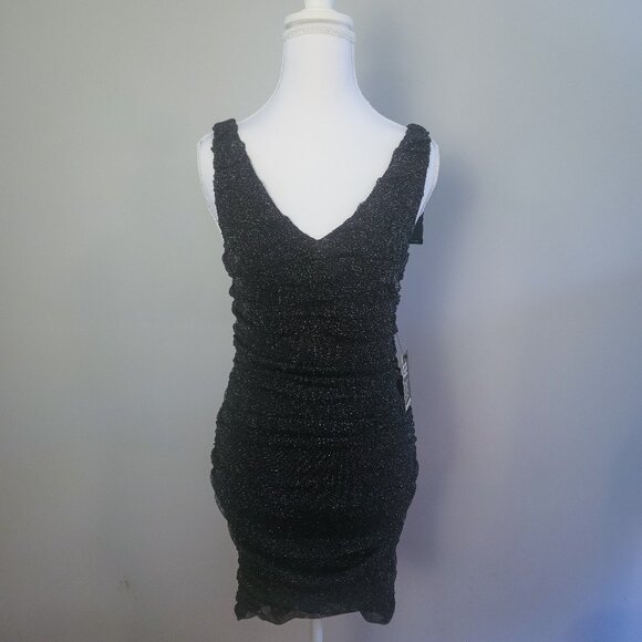 NWT Express S Metallic Ruched Bodycon Dress Sleveless V-Neck Mini Black Small - Picture 1 of 7